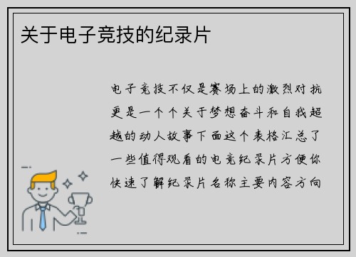 关于电子竞技的纪录片